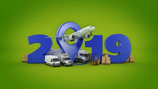 全球货物全球货物运输概念.2019新年标志.3d 渲染照片